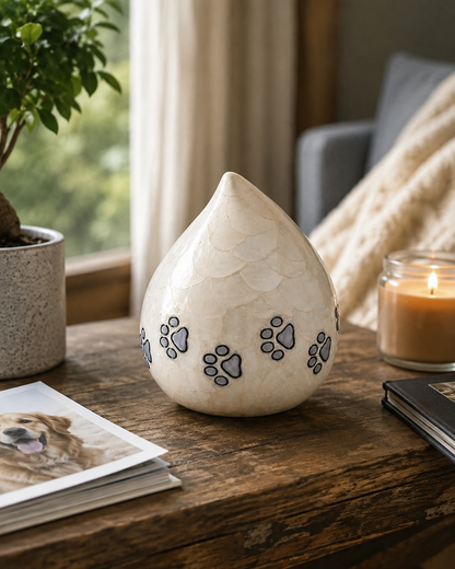 Pet Urn for Ashes "Gentle Paw" | Teardrop | Ivory Aluminium Urn