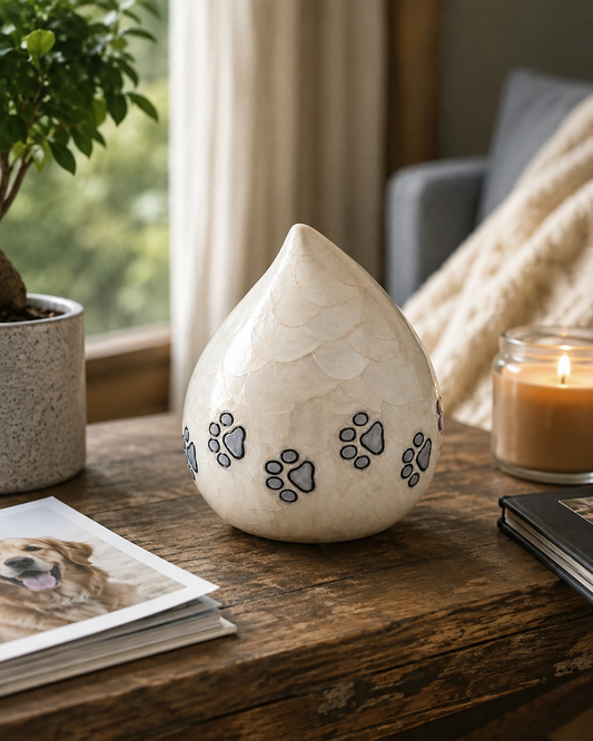 Pet Urn for Ashes "Gentle Paw" | Teardrop | Ivory Aluminium Urn