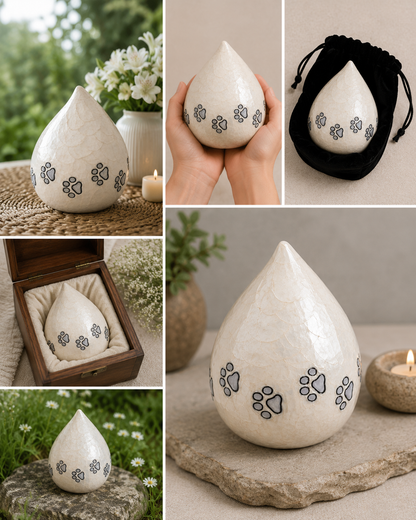 Pet Urn for Ashes "Gentle Paw" | Teardrop | Ivory Aluminium Urn