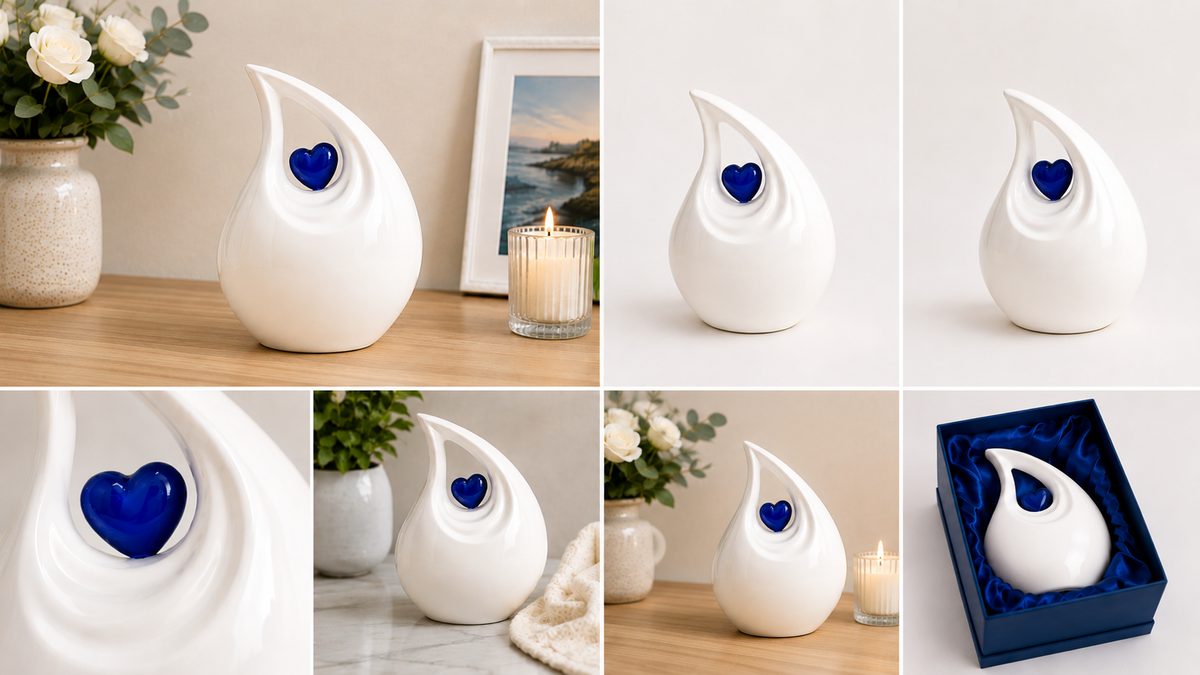 Cremation Urn for Ashes "Ivory Love Teardrop" - Large | Pearl White & Blue | Aluminum