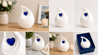 Cremation Urn for Ashes "Ivory Love Teardrop" - Large | Pearl White & Blue | Aluminum