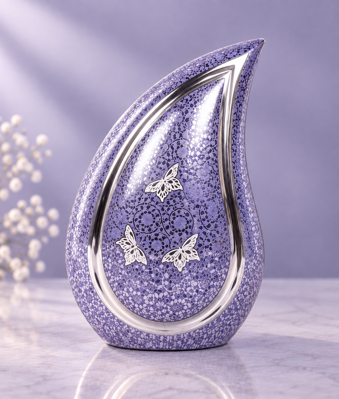 Cremation Urn "Lavender Butterfly" - Large | Purple & Silver | Teardrop Brass Urn for Adult Ashes