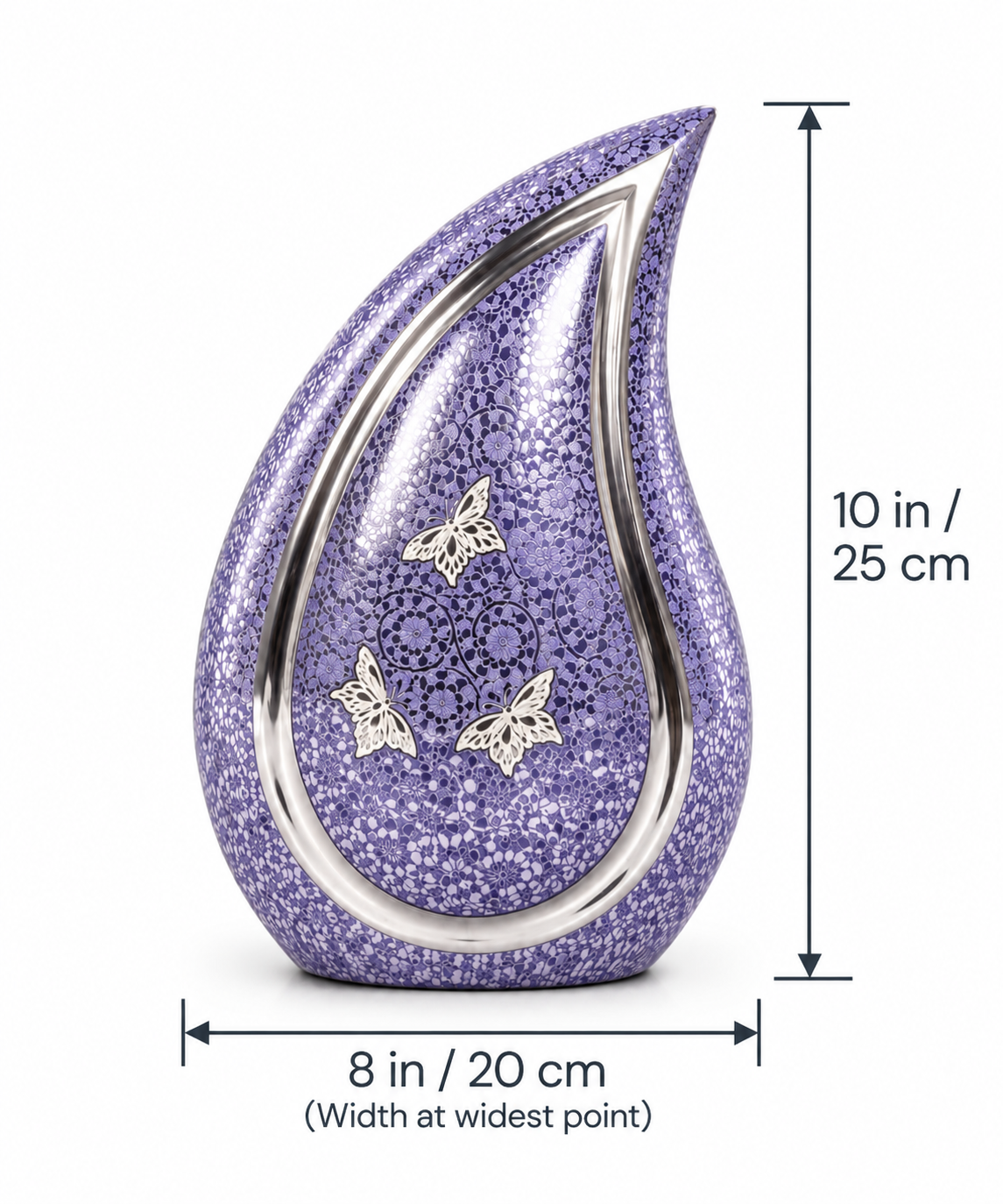 Cremation Urn "Lavender Butterfly" - Large | Purple & Silver | Teardrop Brass Urn for Adult Ashes