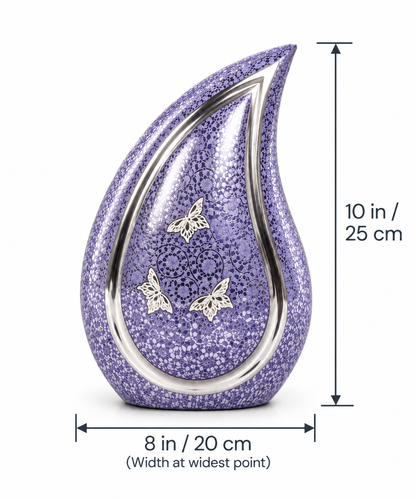 Cremation Urn "Lavender Butterfly" - Large | Purple & Silver | Teardrop Brass Urn for Adult Ashes