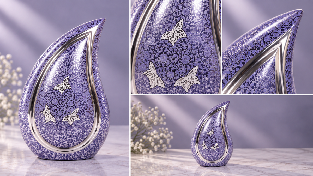 Cremation Urn "Lavender Butterfly" - Large | Purple & Silver | Teardrop Brass Urn for Adult Ashes