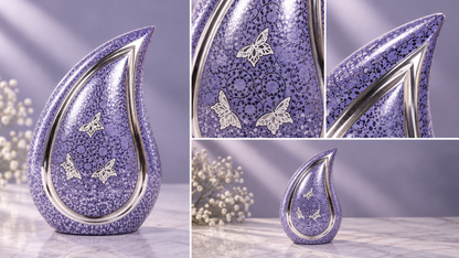 Cremation Urn "Lavender Butterfly" - Large | Purple & Silver | Teardrop Brass Urn for Adult Ashes