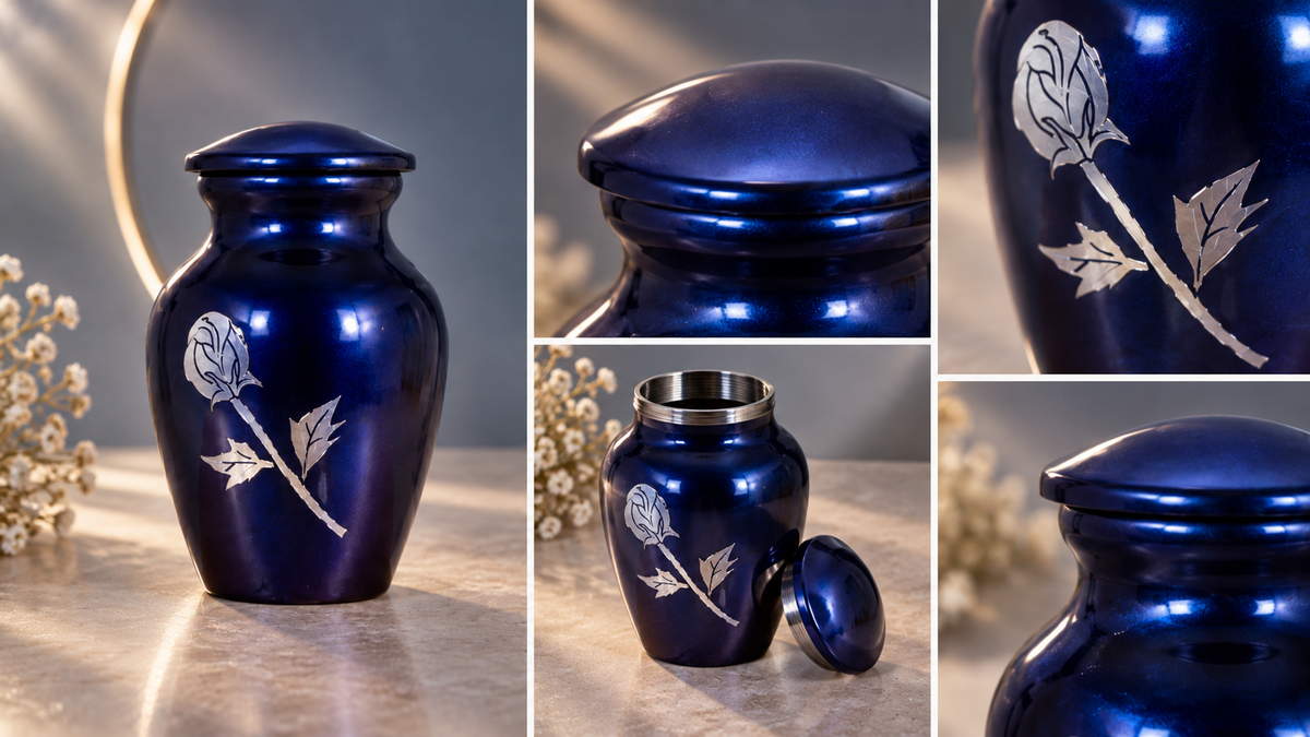 Keepsake Urn for Ashes "Midnight Rose" - Small | Blue Cremation Urn