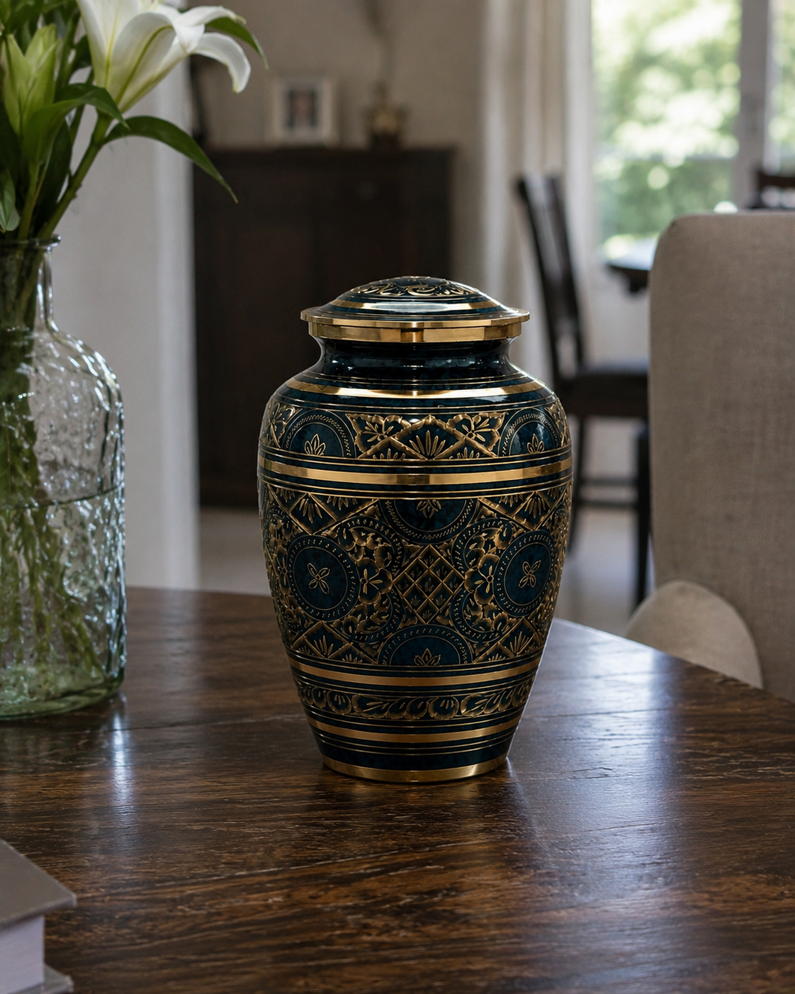Cremation Urn "Sapphire Night" - Large | Sapphire Blue & Gold | Brass Urn