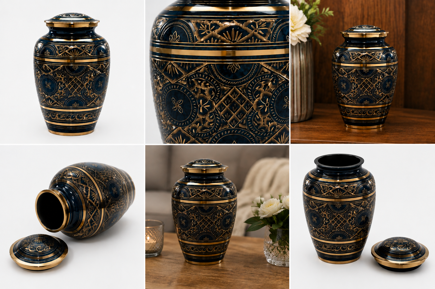 Cremation Urn "Sapphire Night" - Large | Sapphire Blue & Gold | Brass Urn