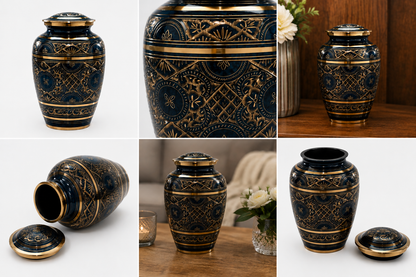 Cremation Urn "Sapphire Night" - Large | Sapphire Blue & Gold | Brass Urn