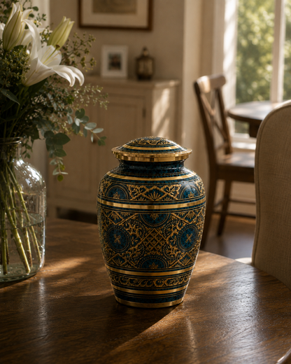 Cremation Urn "Sapphire Night" - Large | Sapphire Blue & Gold | Brass Urn