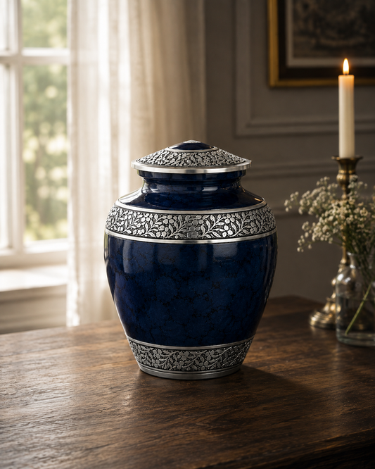 Cremation Urn for Ashes "Deep Ocean" - Large | Midnight Blue & Silver | Aluminium Urn