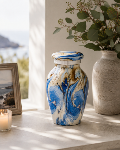 Keepsake Urn "Blue Tide" - Small | Blue & Gold | Aluminium Urn