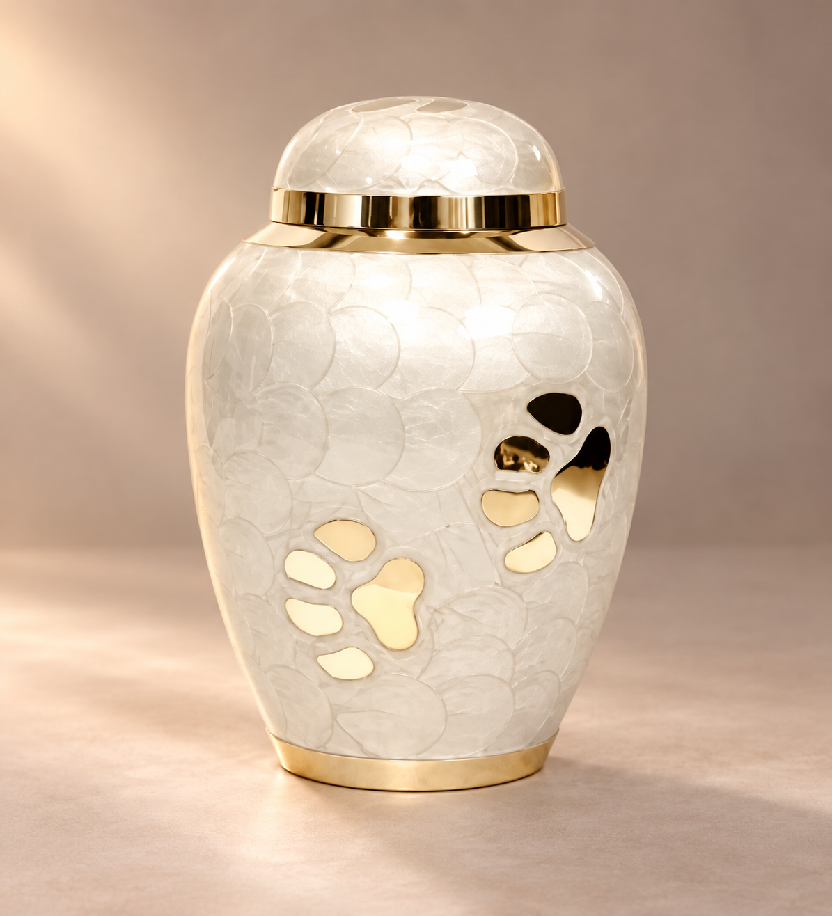 Pet Urn for Ashes "Pearl Paws" | Mother-of-Pearl & Gold Paw | Brass Pet Cremation Urn