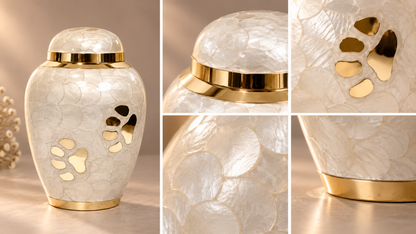 Pet Urn for Ashes "Pearl Paws" | Mother-of-Pearl & Gold Paw | Brass Pet Cremation Urn
