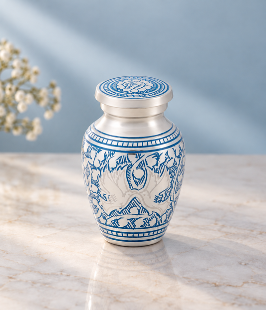 Keepsake Urn for Ashes "Porcelain Bloom" - Small | Silver & Blue | Cremation Urn