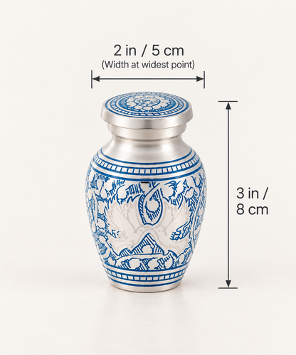 Keepsake Urn for Ashes "Porcelain Bloom" - Small | Silver & Blue | Cremation Urn