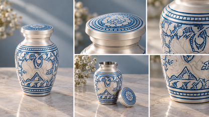 Keepsake Urn for Ashes "Porcelain Bloom" - Small | Silver & Blue | Cremation Urn