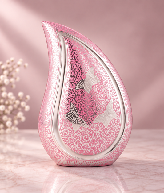 Cremation Urn for Adult Ashes "Rose Butterfly" - Large | Pink & Silver | Brass Teardrop Urn