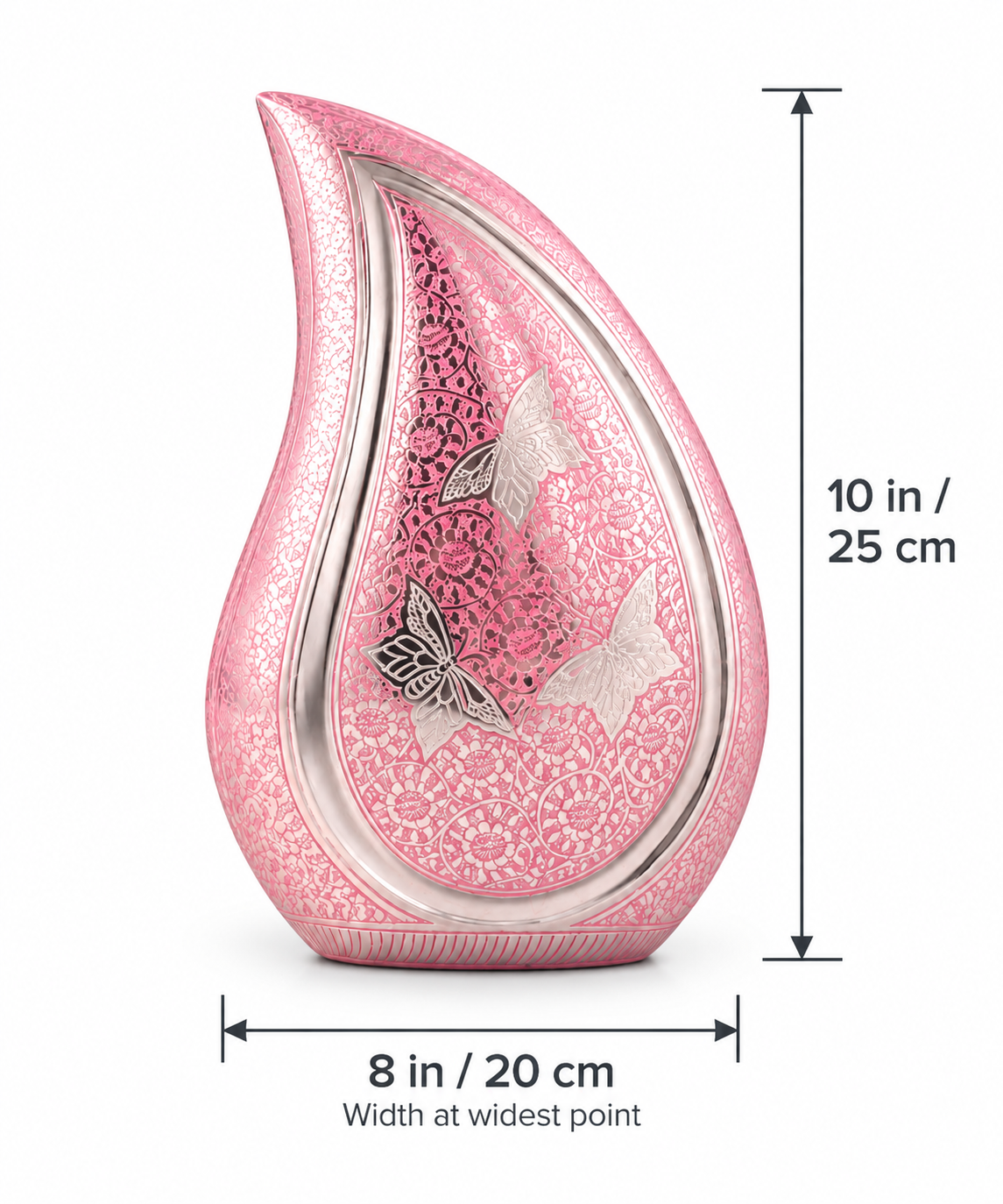 Cremation Urn for Adult Ashes "Rose Butterfly" - Large | Pink & Silver | Brass Teardrop Urn