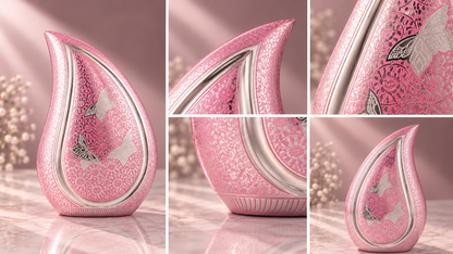 Cremation Urn for Adult Ashes "Rose Butterfly" - Large | Pink & Silver | Brass Teardrop Urn