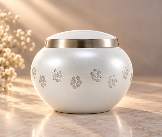 Pet Urn for Dog or Cat Ashes "Serene Paws" | Pearl White & Silver | Brass Pet Urn