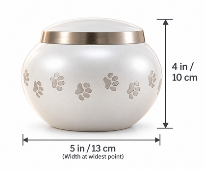 Pet Urn for Dog or Cat Ashes "Serene Paws" | Pearl White & Silver | Brass Pet Urn