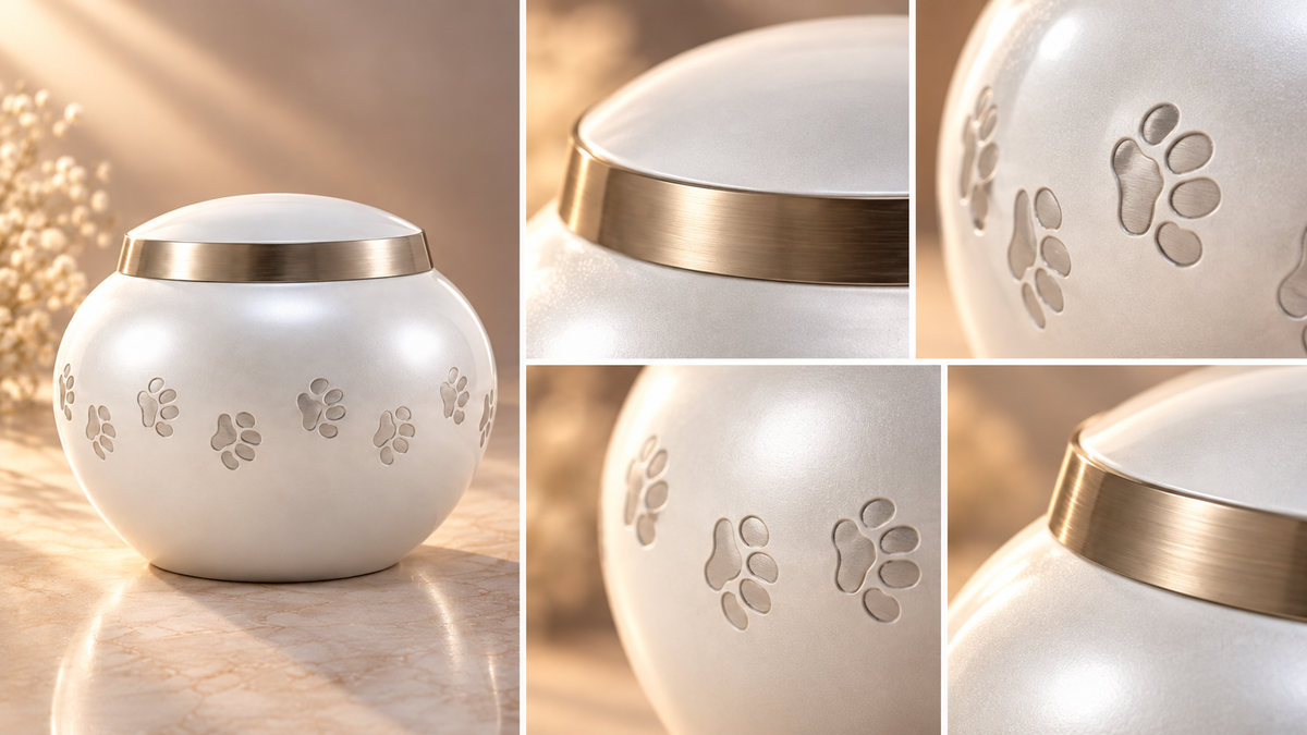 Pet Urn for Dog or Cat Ashes "Serene Paws" | Pearl White & Silver | Brass Pet Urn