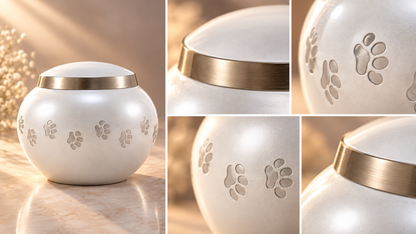 Pet Urn for Dog or Cat Ashes "Serene Paws" | Pearl White & Silver | Brass Pet Urn