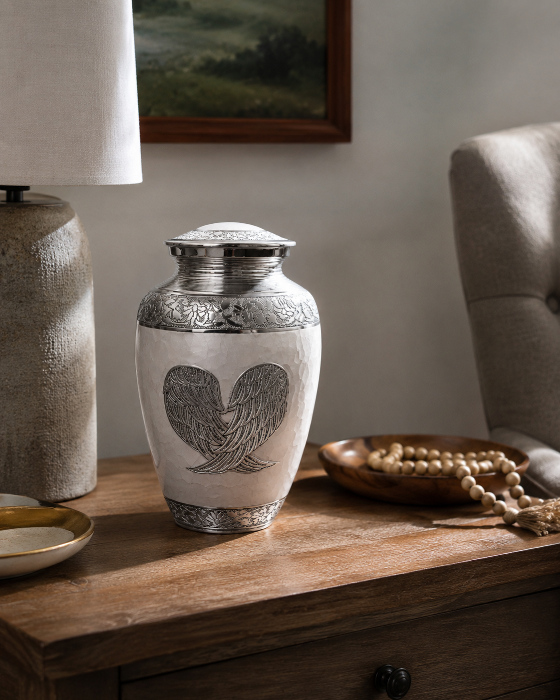 Urn for Ashes "Angel Wings" - Large | Pearl White & Silver | Aluminium