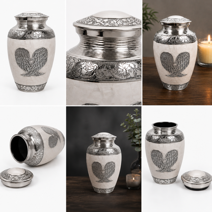 Urn for Ashes "Angel Wings" - Large | Pearl White & Silver | Aluminium