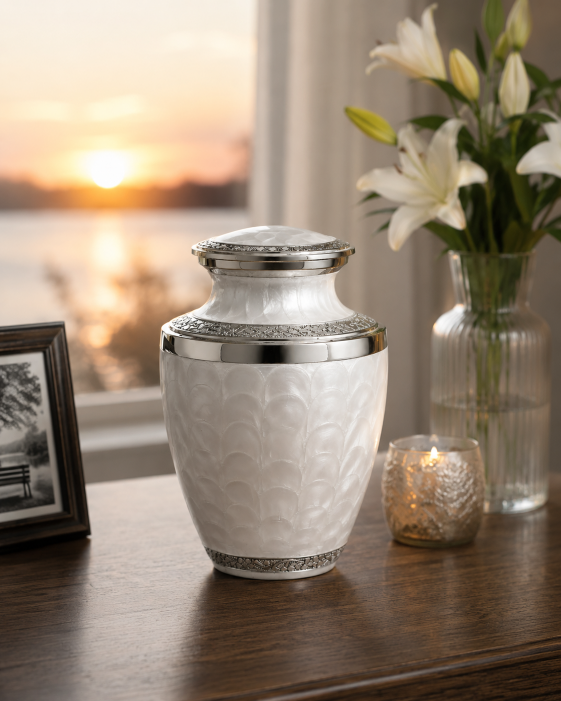 Urn for Ashes "Silver Serenity" - Large | Pearl White & Silver | Aluminium Urn