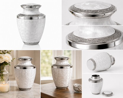 Urn for Ashes "Silver Serenity" - Large | Pearl White & Silver | Aluminium Urn