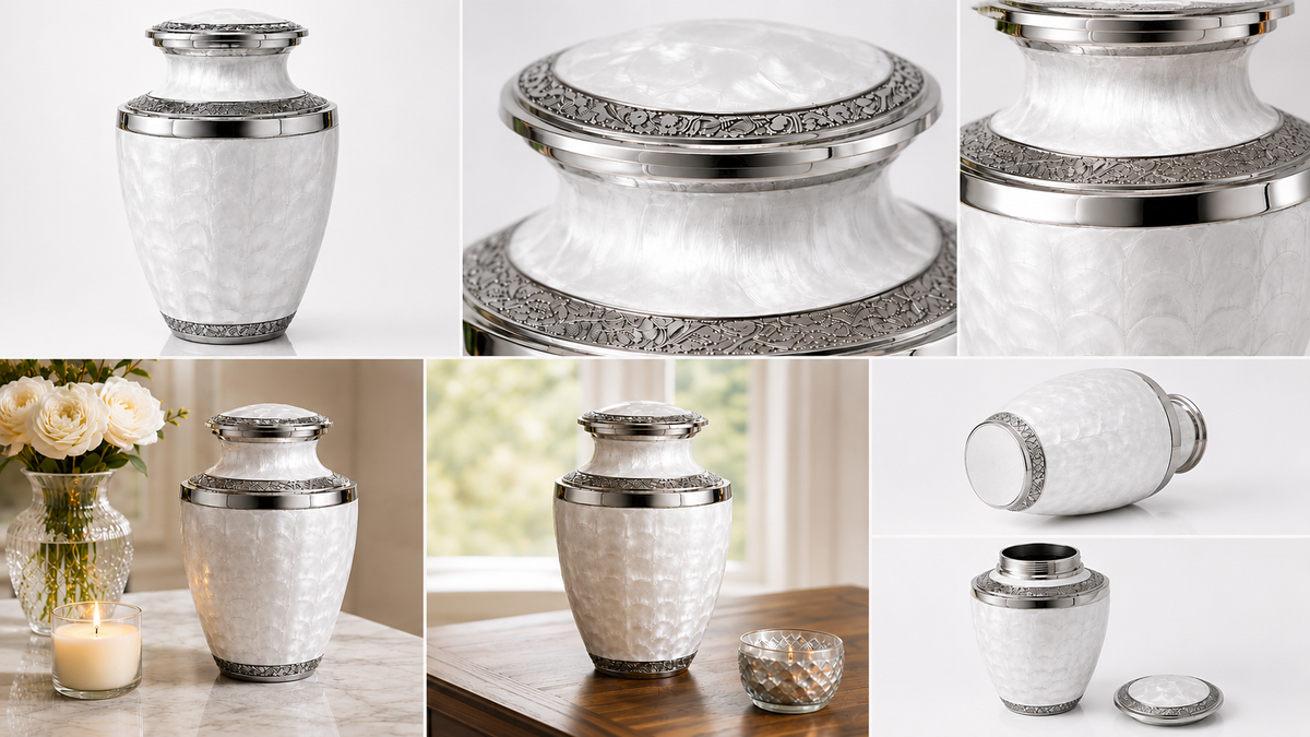 Urn for Ashes "Silver Serenity" - Large | Pearl White & Silver | Aluminum Urn