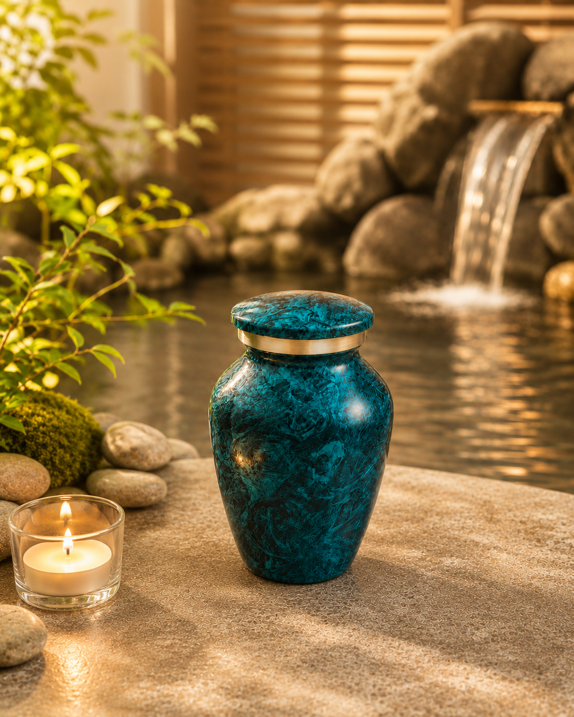 Keepsake Urn for Ashes "Tidal Ocean" - Teal & Silver | Small | Aluminum Urn