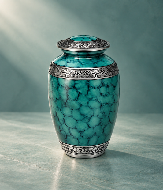Cremation Urn "Turquoise Grace" - Large | Marbled Stone & Silver | Aluminum Urn for Ashes