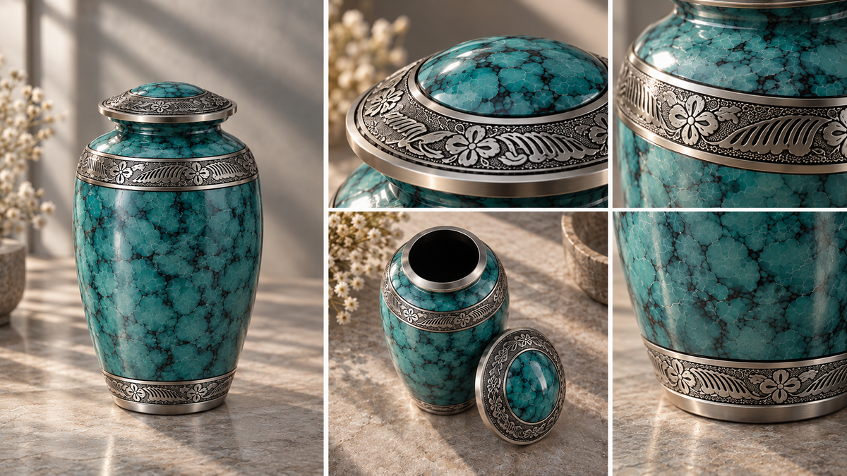 Cremation Urn "Turquoise Grace" - Large | Marbled Stone & Silver | Aluminum Urn for Ashes
