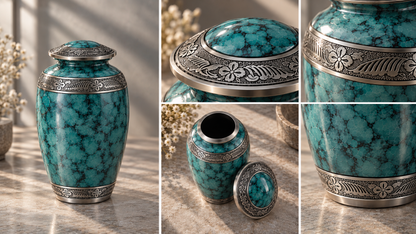 Cremation Urn "Turquoise Grace" - Large | Marbled Stone & Silver | Aluminum Urn for Ashes